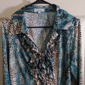 Laura Max Womens Petite Size L Animal Print Blue Long Sleeve Knit Top